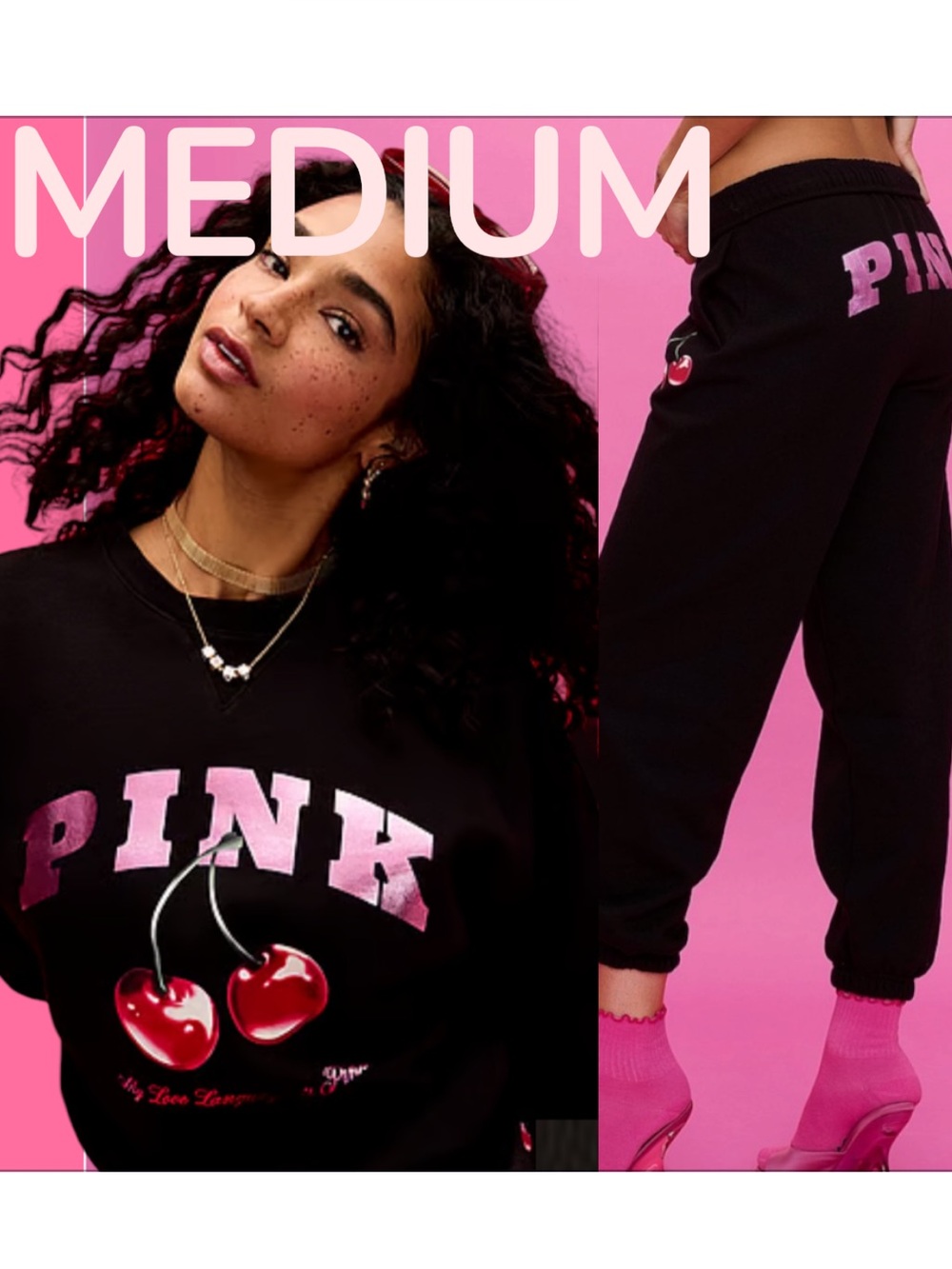 PINK Medium V-Day Campus Fleece Sweatshirt and Medium Sweatpants set